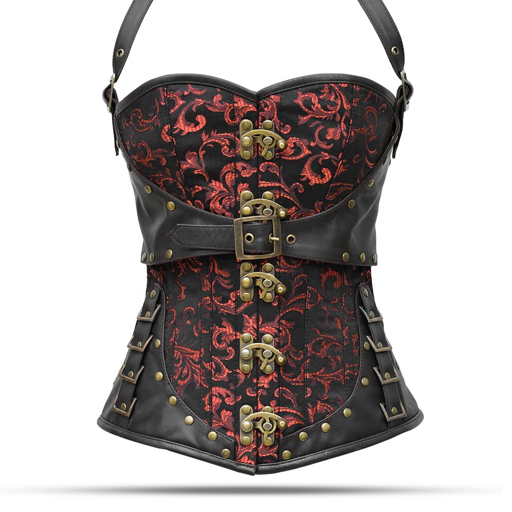Women Red Steampunk Corset with Half Cup Push Up Straps Belts Sexy