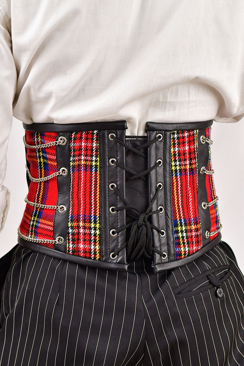 Red tartan men's corset waist cincher, combining traditional plaid style with a tailored fit for effective waist shaping