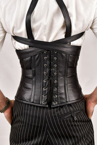 Men's leather corset with shoulder harness, offering a rugged and stylish design for added support and a bold look.