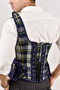 Navy blue tartan men's corset, featuring a bold plaid design for a unique and structured fit