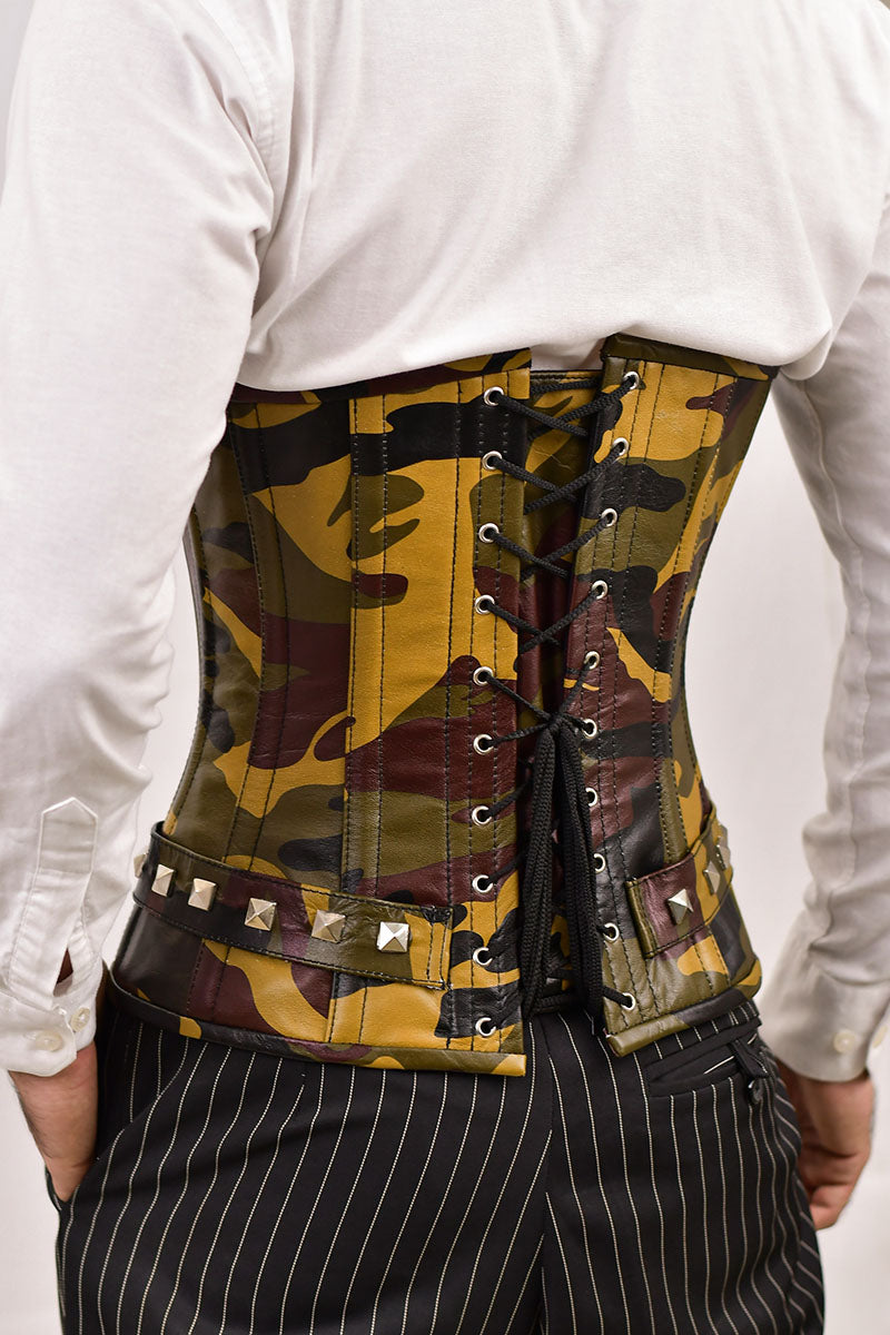 Men's brown underbust corset for waist training, stylish male corset for a tailored fit and support.