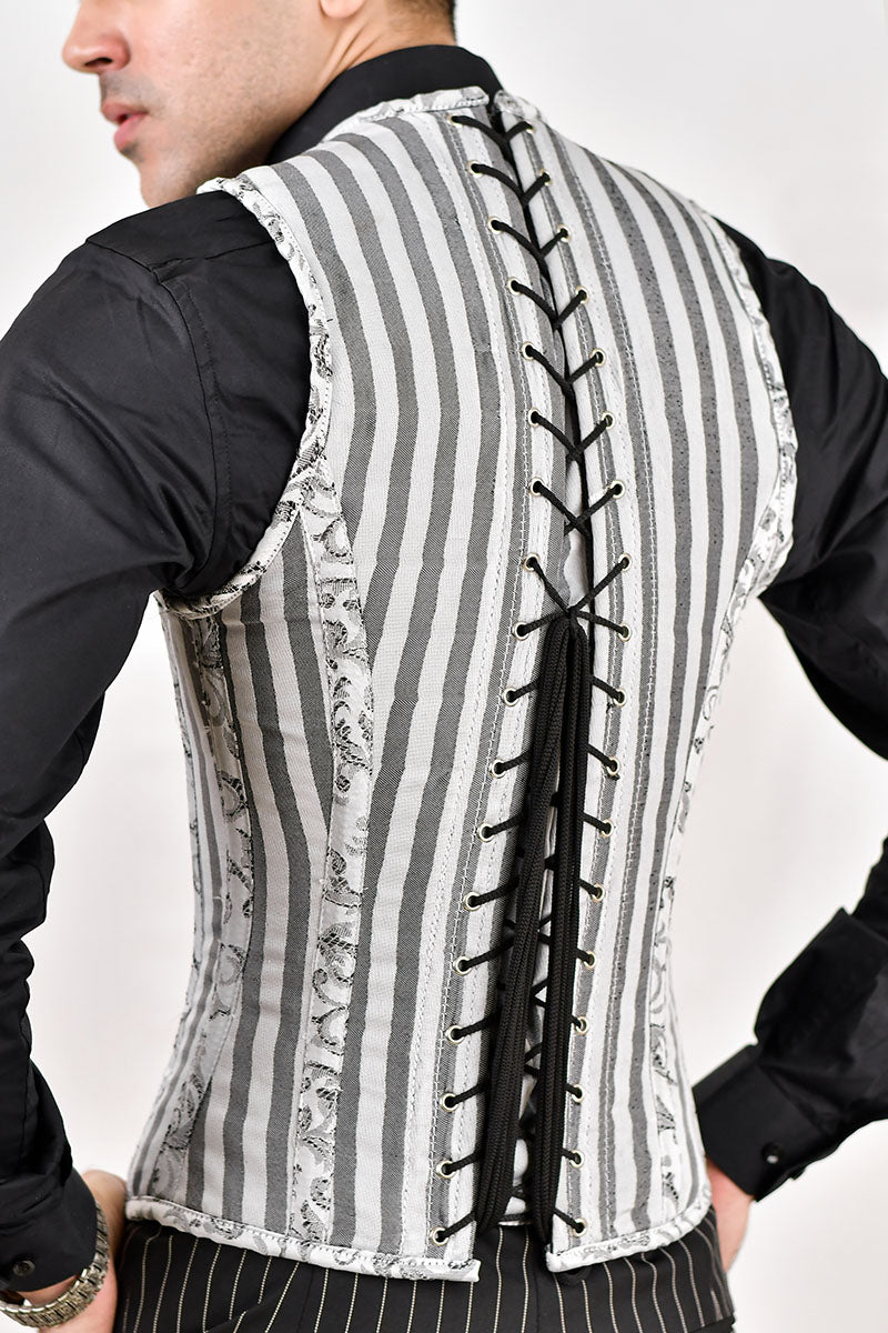 White and gray male corset vest, a fashionable corset designed for a stylish and tailored appearance.