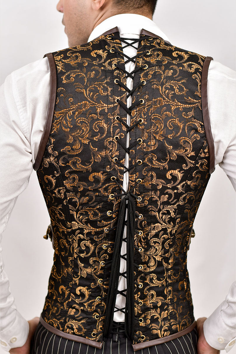 Silver & Black Brocade Corset Vest with Leather