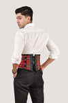 Red tartan men's corset waist cincher, combining traditional plaid style with a tailored fit for effective waist shaping