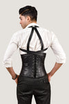 Men's leather corset with shoulder harness, offering a rugged and stylish design for added support and a bold look.