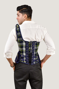 Navy blue tartan men's corset, featuring a bold plaid design for a unique and structured fit