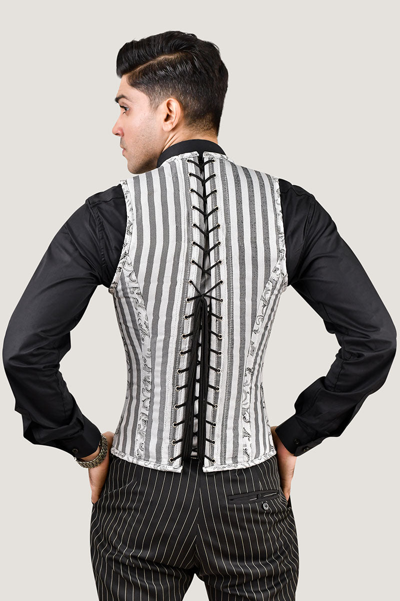 White and gray male corset vest, a fashionable corset designed for a stylish and tailored appearance.