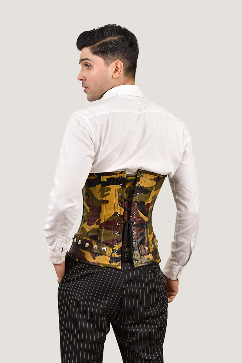 Men's brown underbust corset for waist training, stylish male corset for a tailored fit and support.