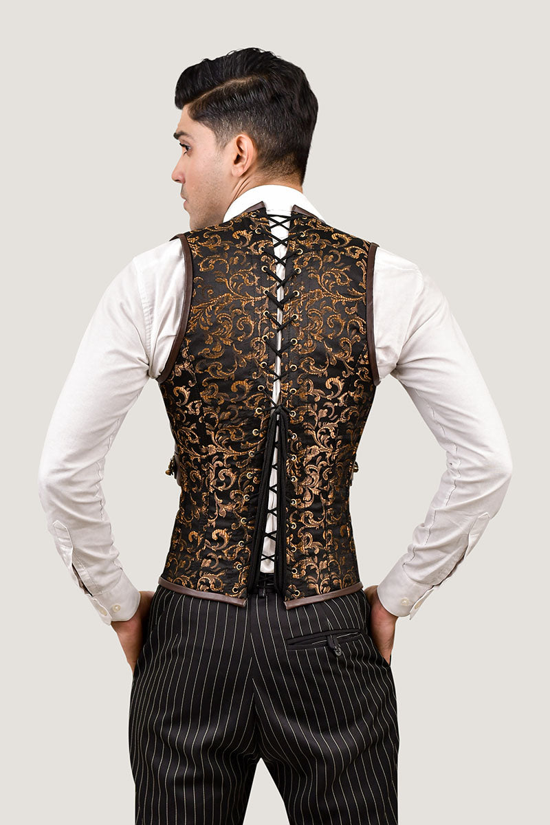 Silver & Black Brocade Corset Vest with Leather