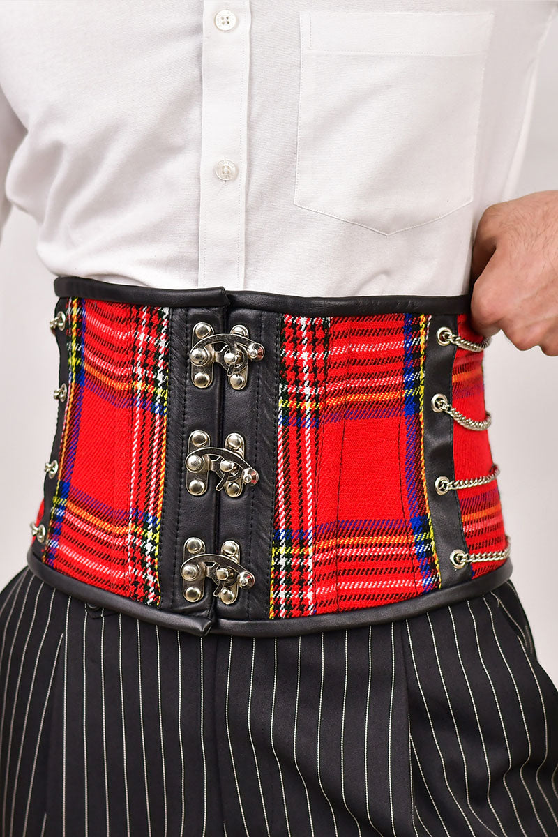 Red tartan men's corset waist cincher, combining traditional plaid style with a tailored fit for effective waist shaping