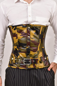 Men's brown underbust corset for waist training, stylish male corset for a tailored fit and support.