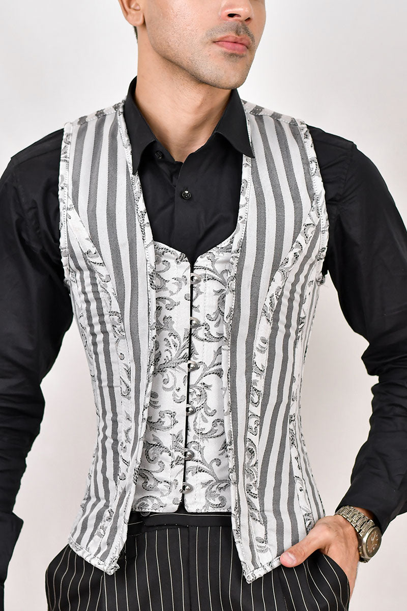 White and gray male corset vest, a fashionable corset designed for a stylish and tailored appearance.