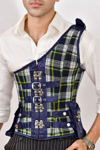 Navy blue tartan men's corset, featuring a bold plaid design for a unique and structured fit