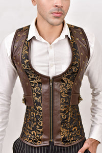 Purple Brocade & Black Leather Corset Vest