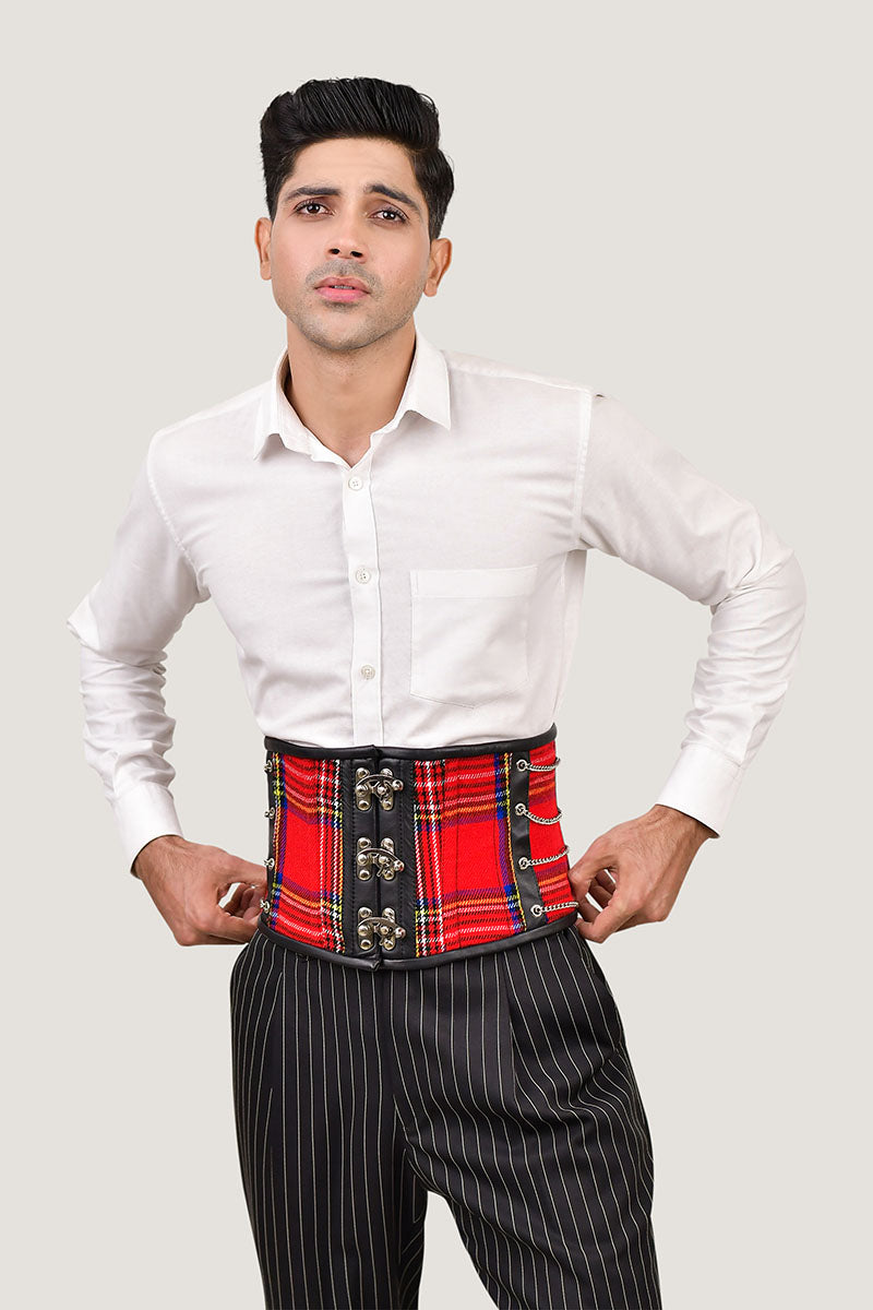 Red tartan men's corset waist cincher, combining traditional plaid style with a tailored fit for effective waist shaping