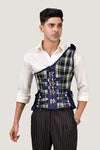 Navy blue tartan men's corset, featuring a bold plaid design for a unique and structured fit