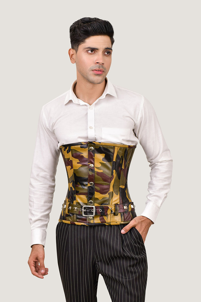 Men's brown underbust corset for waist training, stylish male corset for a tailored fit and support.