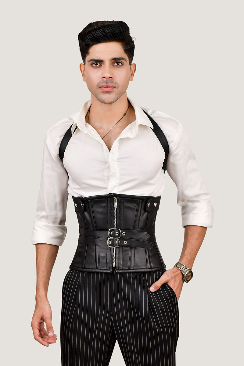 Men Men's leather corset with shoulder harness, offering a rugged and stylish design for added support and a bold look.Corset