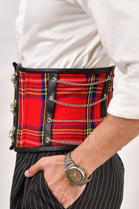 Red tartan men's corset waist cincher, combining traditional plaid style with a tailored fit for effective waist shaping