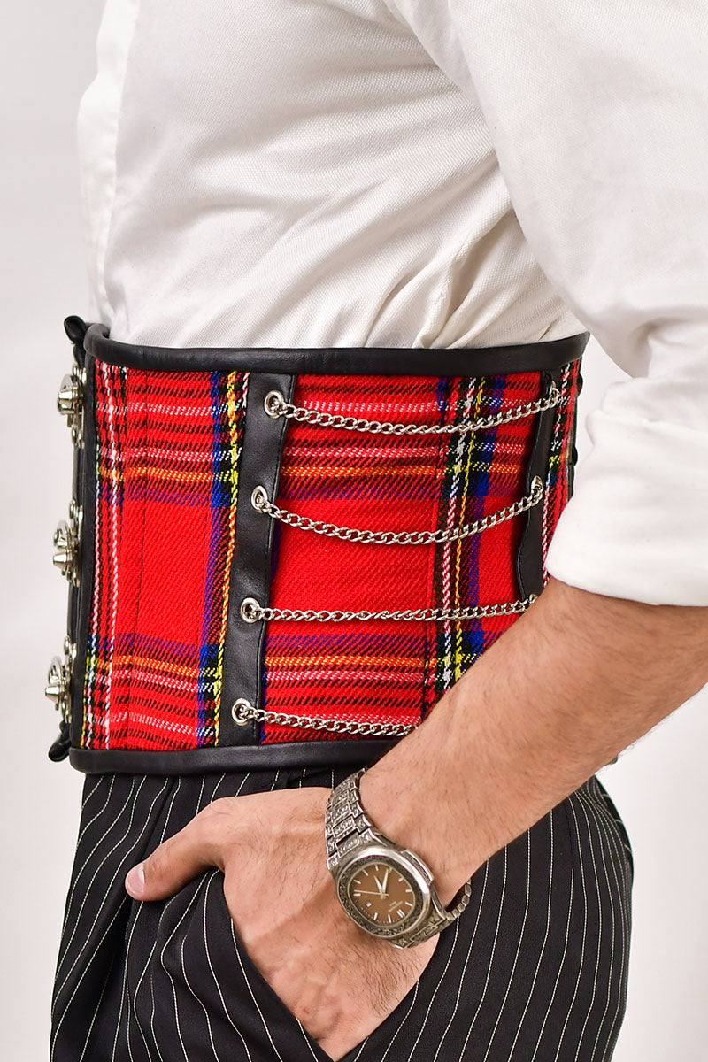 Red tartan men's corset waist cincher, combining traditional plaid style with a tailored fit for effective waist shaping