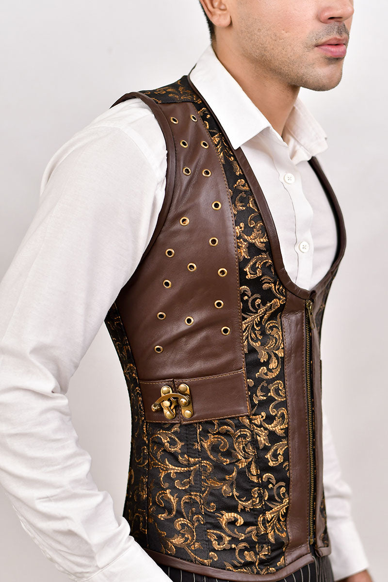 Purple Brocade & Black Leather Corset Vest