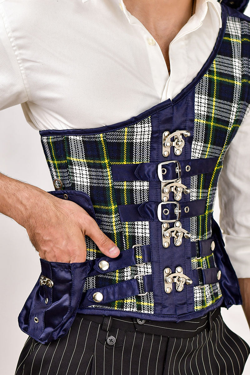 Navy blue tartan men's corset, featuring a bold plaid design for a unique and structured fit