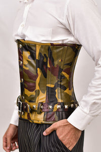 Men's brown underbust corset for waist training, stylish male corset for a tailored fit and support.