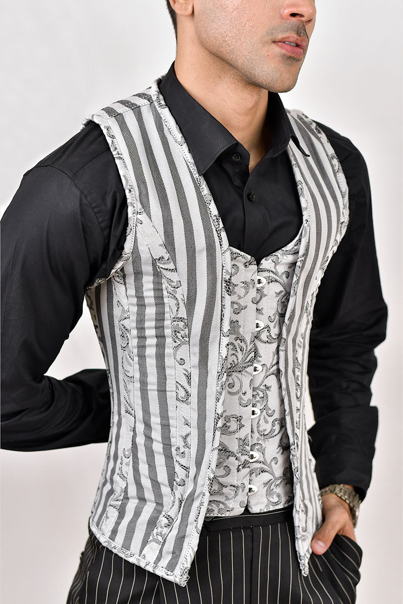 White and gray male corset vest, a fashionable corset designed for a stylish and tailored appearance.