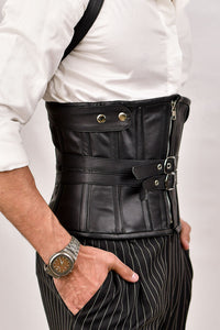 Men's leather corset with shoulder harness, offering a rugged and stylish design for added support and a bold look.