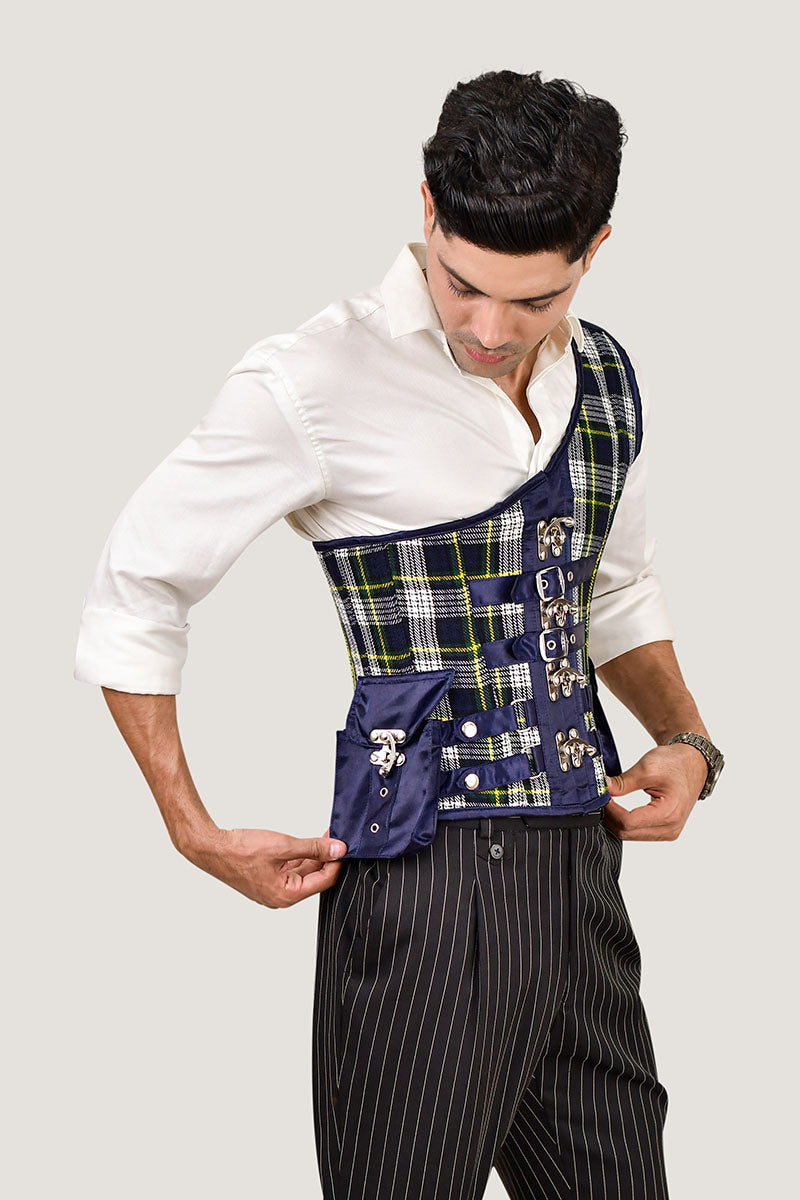 Navy blue tartan men's corset, featuring a bold plaid design for a unique and structured fit