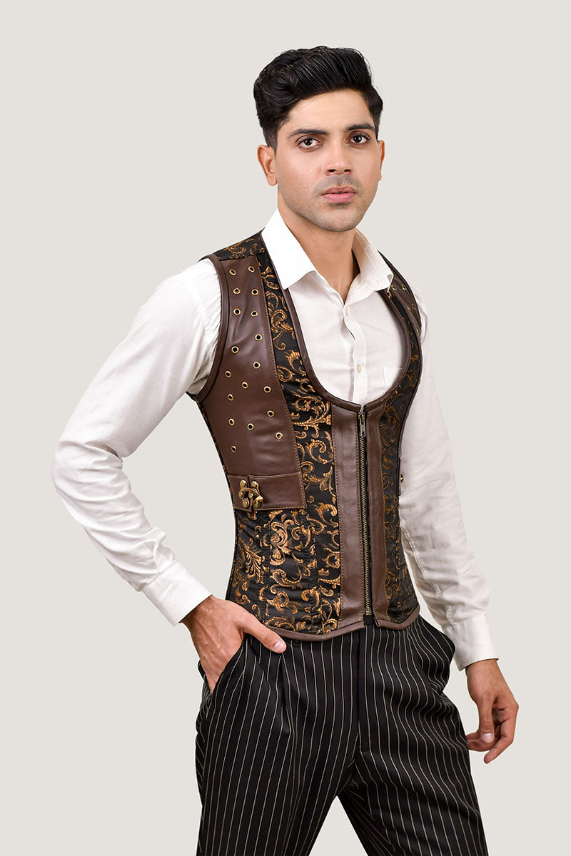 Silver & Black Brocade Corset Vest with Leather