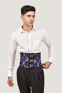 Navy blue satin men's waist cincher, designed for a sleek, smooth fit and effective waist shaping.