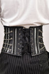 Black and silver brocade men's waist cincher, showcasing an elegant design with a luxurious finish for a refined look.