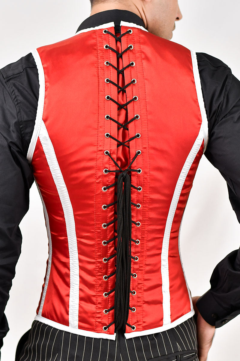 Red and white male corset vest, offering a stylish and fitted design for a striking appearance.