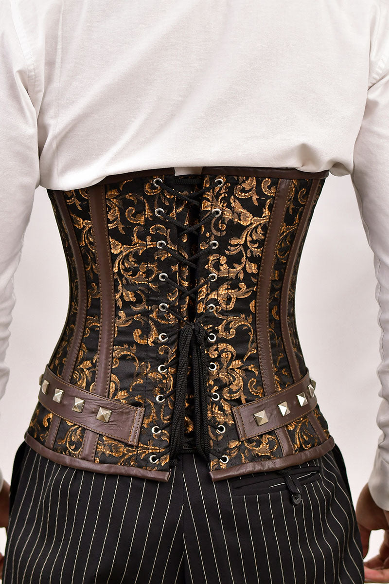 Men's brown underbust corset for waist training, stylish male corset for a tailored fit and support.