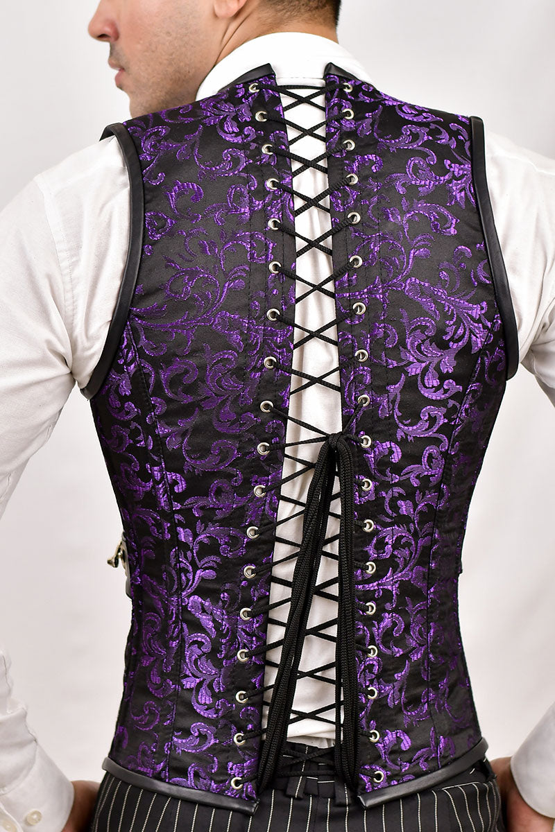 Purple Brocade & Black Leather Corset Vest