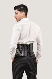 Black and silver brocade men's waist cincher, showcasing an elegant design with a luxurious finish for a refined look.