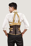 Men's leather corset with shoulder harness, offering a rugged and stylish design for added support and a bold look.