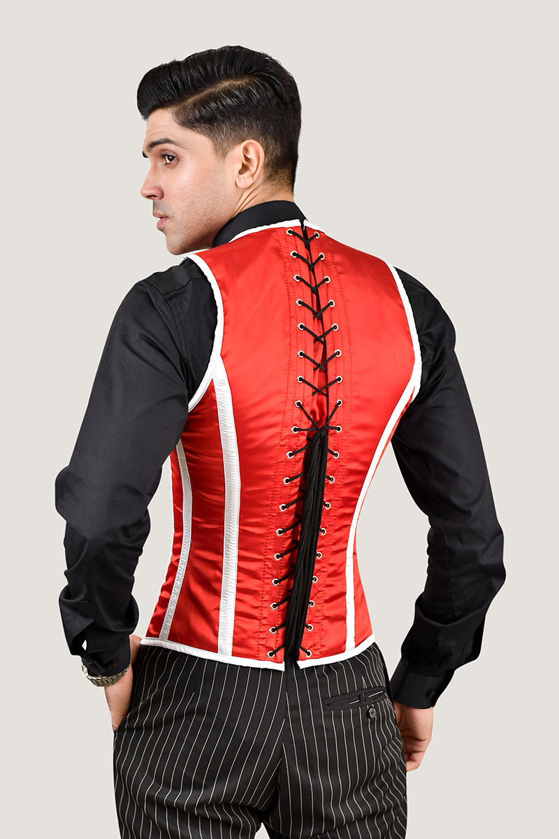 Red and white male corset vest, offering a stylish and fitted design for a striking appearance.