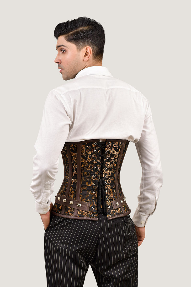 Men's brown underbust corset for waist training, stylish male corset for a tailored fit and support.