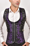 Purple Brocade & Black Leather Corset Vest