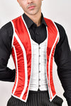 Red and white male corset vest, offering a stylish and fitted design for a striking appearance.