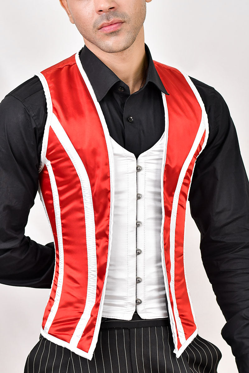 Red and white male corset vest, offering a stylish and fitted design for a striking appearance.