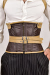 Men's leather corset with shoulder harness, offering a rugged and stylish design for added support and a bold look.