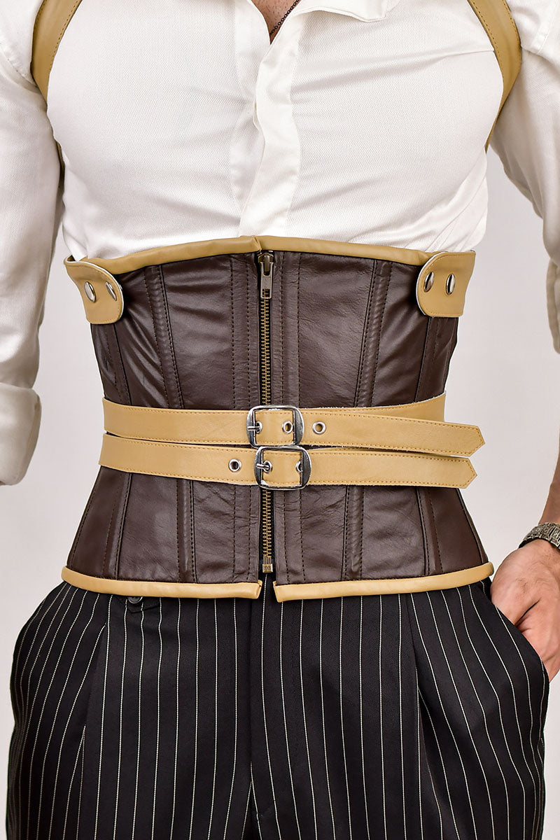 Men's leather corset with shoulder harness, offering a rugged and stylish design for added support and a bold look.