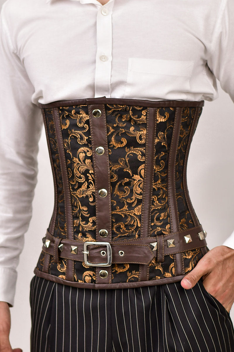 Men's brown underbust corset for waist training, stylish male corset for a tailored fit and support.