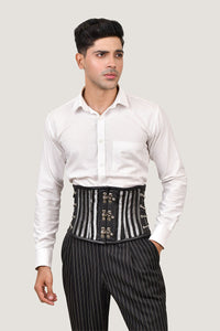 Black and silver brocade men's waist cincher, showcasing an elegant design with a luxurious finish for a refined look.