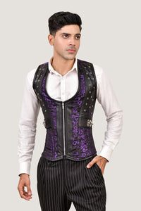 Silver & Black Brocade Corset Vest with Leather