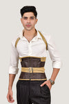 Men's leather corset with shoulder harness, offering a rugged and stylish design for added support and a bold look.