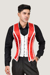 Red and white male corset vest, offering a stylish and fitted design for a striking appearance.